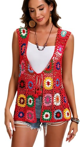 Vestito a maglia africana a fiori uncinetta, maglione a blocchi di colore, cardigan multicolore con apertura frontale, Rosso, One Size