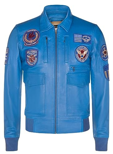 Infinity Leather Chaqueta de Bombardero Volador Azul Retro de Piloto con Insignia de la Fuerza Aérea de Cuero Para Hombre