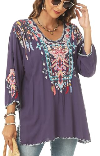 Higustar Mexican Embroidered Tops for Women Traditional Boho Tunics Bohemian Shirts Plus Size Peasant Clothes Blouses Purple