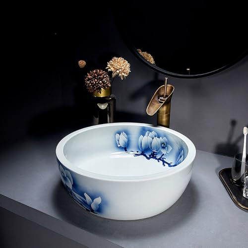 Fregadero redondo para baño con grifo y escurridor, fregadero de cerámica de porcelana blanca y azul de 16,1 pulgadas sobre el mostrador, lavabo de tocador para baño, lavabo artístico