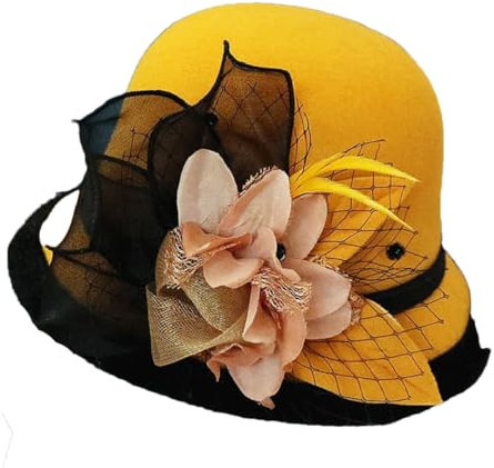 Eleganter Damenhut für Damen, Blume, Sonnenhut, Hochzeit, Tee, Party, Kirche, Reise, Organza-Hut, Accessoire, Vintage, warm, Kurkuma, Einheitsgröße
