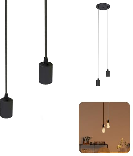 SSC-LUXon PARU - Lampadario a sospensione vintage a 2 luci, colore nero, design con cavi in tessuto regolabili in lunghezza e attacchi E27