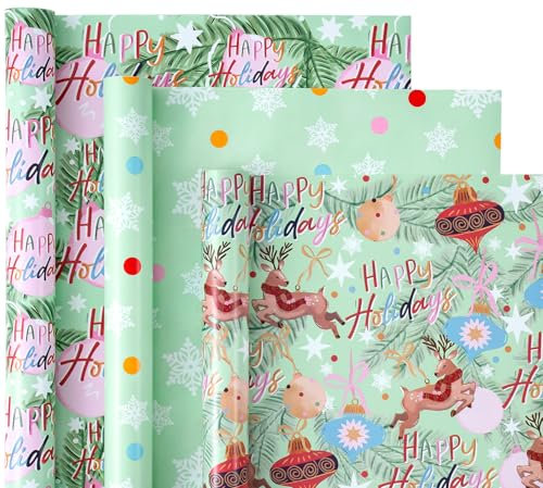 WRAPAHOLIC Weihnachts-Geschenkpapierrolle – Mini-Rolle – 3 Rollen – 43,2 x 308,5 cm pro Rolle – Happy Holiday Schriftzug mit Weihnachtskugel und Elch, Schneeflocken Holiday Collection