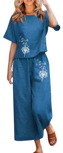 Leinen-Sets für Damen, 2-teilig, Damen-Baumwolle, kurzärmelig, Bedruckte Bluse, locker geschnittene Hose, Zweiteiliger, Hosenanzüge Leoparden Jogginghose Hose Damen Sommer