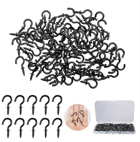 ZFKXGS 80 Stück Kleine Schraubhaken Schwarz 1/2 Zoll Hakenschrauben Set | Mini Deckenhaken Einschraubhaken Becherhaken mit Box für Holz Hängende Garten Pflanzen Kunst Weihnacht Dekorationen Schlüssel
