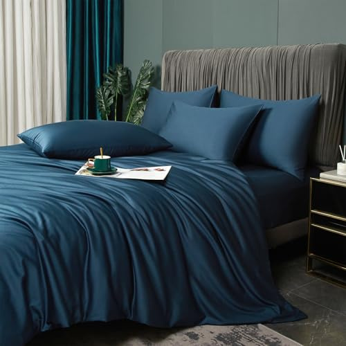 Luofanfei Kühlende Bambus Bettwäsche 155x220 cm Sommer Petrol Blau | Uni Bambusfasern Lyocell Glänzend Bettwäscheset Atmungsaktiv Bamboo Muster Bettbezuge und Kissenbezüge 80x80 cm Bügelfrei