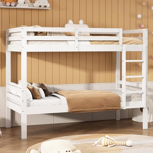 Rtopsu Etagenbett Kinderbett 90x200 cm für 2 Kinder, Bett Treppe, Hochbett mit Lattenrost aus Holz, Holzbett Bettgestell mit Rausfallschutz, Schlafzimmer Möbel, Weiß, Ohne Matratze