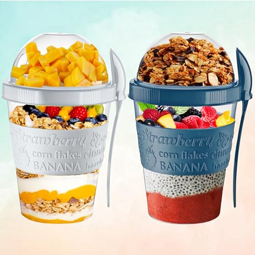 Yoghurtkrukor återanvändbara 20 oz övernattning havre behållare med lock och sked BPA-fria frukostgrytor för att gå flingor på språng diskmaskinssäkra lunch havregrynsburkar (set med 2 (glaciär