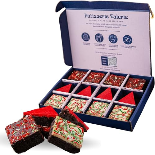 Patisserie Valerie Luxury Christmas Brownie Gift Box – Handmade Festive Brownies Selection – Rich Chocolate, White Chocolate & Dark Chocolate Brownies – 12 Dessert Servings, Vegetarian, Alcohol Free