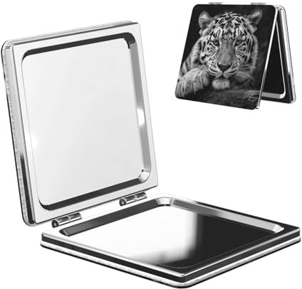 DWVTFSM Schwarzer und weißer Tiger Kompaktspiegel, kleiner Reise-Make-up-Spiegel, 2-fache 1-fache Vergrößerung, tragbarer Klappspiegel, leicht, Metall, Kosmetik-Taschenspiegel für Frauen, Geschenke