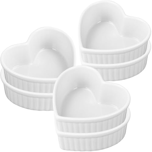 6 Pcs Heart Shaped Ramekins Ceramic Ramekins 6 Oz Oven Safe Creme Brulee Dishes Small Baking Ramekin Bowls for Kitchen Party Snack Serving Dip Sauce Condiments (White)