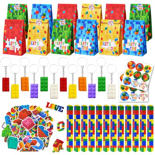 86Pcs Bausteine Geburtstag Mitgebsel Kindergeburtstag,12 Kinder Slap Armbänder,12 Schlüsselanhänger ,12 Geschenktüte und 50 Aufklebers,DIY Blöcken Themen Party Geschenk für Kinder Jungen Mädchen