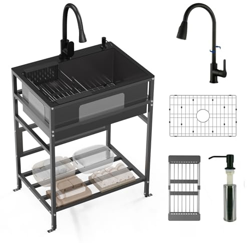 Black utility sink, 25x18 Inch Stainless Steel Freestanding Laundry Sink Practicality With Accessories-Black Faucet,Soap Dispenser, SS Sink Grid, Colander For Laundry,Garage,Outdoor Kitchen,Garden...