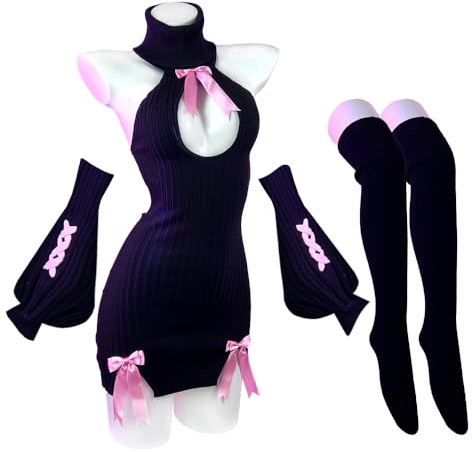 KORURACLUB Sexy Cosplay Lingerie (3-piece set) Black Cosplay Anime cosplay Sexy Women's Costume Bow Sweater Succubus Lingerie (L-XL)