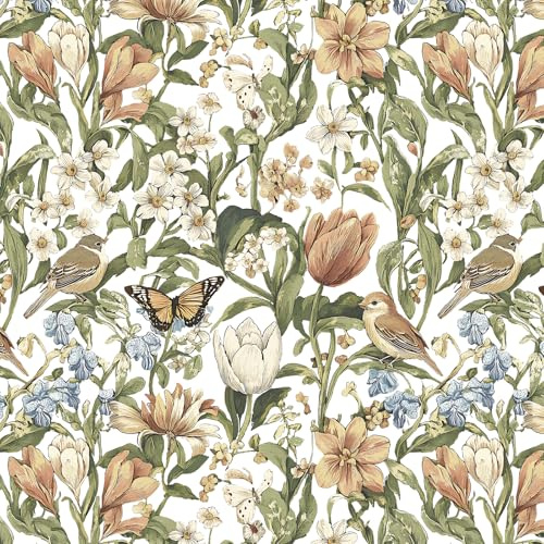 Yomshi Vintage Floral Wallpaper with Tulips & Birds - 44cm x 300cm Self-Adhesive Peel & Stick Wall Paper - Retro Botanical Contact Paper for Walls, Furniture & Kitchen Cabinets Vinyl Film