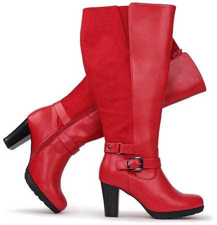 Chicblooms Botas de mujer de talla grande, con talle ancho, tacón alto, con hebilla en el tobillo, 41 EU
