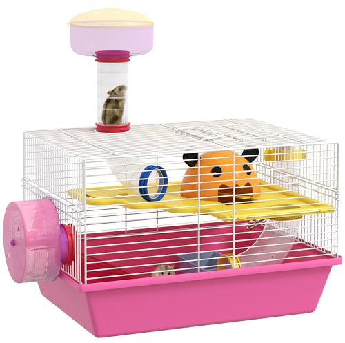 PawHut Jaula para Hámster Casa para Animales Pequeños con Rueda de Ejercicio Casita Cuenco Bebedero Torre de Observación 34x27x25 cm Rosa