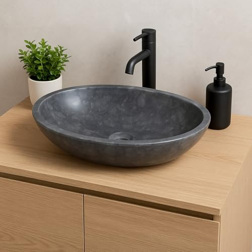 Lendo Online Lavabo sobre encimera de mármol ovalado 60x40 o 40x30 cm – Lavabo de baño en piedra natural crema, gris o negro – Superficie pulida – Elegante y resistente (Gris, 60x40cm)