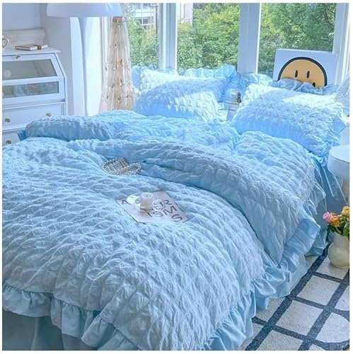 CAIMIAO Bedding 4-Piece Set 3/4 Pieces Boho Chic Ruffled Seersucker Bedding Set Soft Lightweight Comforter Cover Bed Sheet/Skirt Pillowcases Bedding Comforter Set(Blue,King Size)