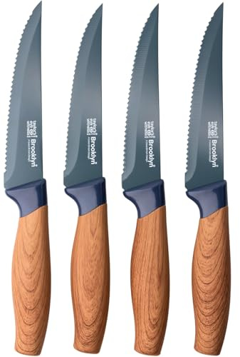 Taylors Eye Witness Brooklyn Walnut Steak Knife Set of 4 - Razor Sharp Serrated Steak Knives with Nonstick Coated Blades & Soft Grip Handles. Stylish & Heavy Duty Dinner Knife Set. Corrosion Free