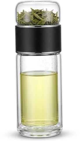 Bouteilles d'eau en verre, bouteille à thé isolée de 350 ml avec filtre en acier inoxydable et couvercle anti-fuite, bouteille infuseur à thé en verre réutilisable pour boissons chaudes et fro