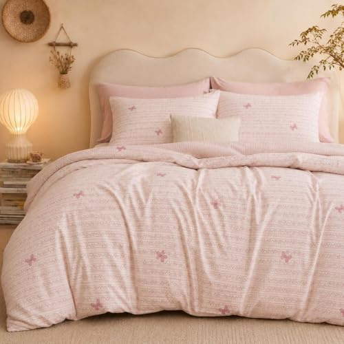 Lanqinglv Ropa de cama de 135 x 200 cm, diseño de flores, color rosa con lazos, ropa de cama para niña de microfibra, certificado Öko-Tex, color rosa, funda nórdica suave con cremallera y 1 funda de