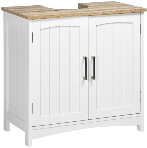 kleankin Meuble Salle de Bain sous Lavabo 60x33x60cm Blanc et Bois Naturel | Meuble sous Lavabo, Double Portes, Étagère Réglable