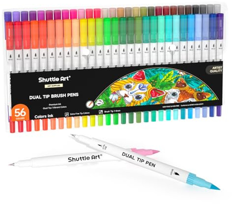Shuttle Art Rotuladores de doble punta, 56 colores, punta de pincel, marcadores de dibujo con punta fina de 0,4 mm, juego de bolígrafos para libros de colorear para adultos, suministros de arte