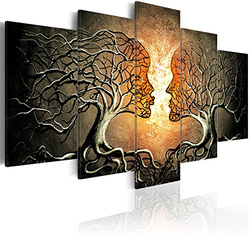 B&D XXL - Wandbilder XXL Bäume Kuss 200x100 cm 5 tlg Wand Deko Leinwand Bilder Groß Bilderset Wohnzimmer Bild Schlafzimmer Kunstdrucke Leinwandbild - Abstrakt Liebe Gesichter Zweige Braun h-A-0086-b-p