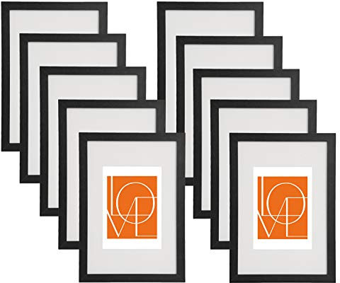 WOLTU Bilderrahmen 10x15 cm, 10er Set, Schwarz Holz MDF, Collage Wanddeko, Holzrahmen mit Passepartout, Fotorahmen zum vertikalen oder horizontalen Aufhängen/Aufstellen