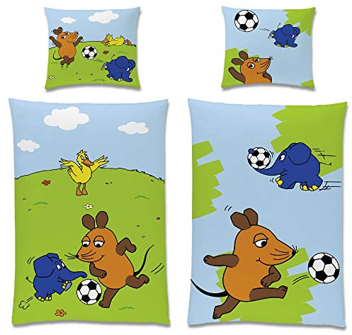 BERONAGE Die Sendung mit der Maus Kinder-Bettwäsche Fussball 135 x 200 + 80 x 80 cm 100% Baumwolle Linon Maus Elefant Ente Bettzeug Bett-Bezug Kissen-Decken-Bezüge Fußball-Turnier deutsche Größe