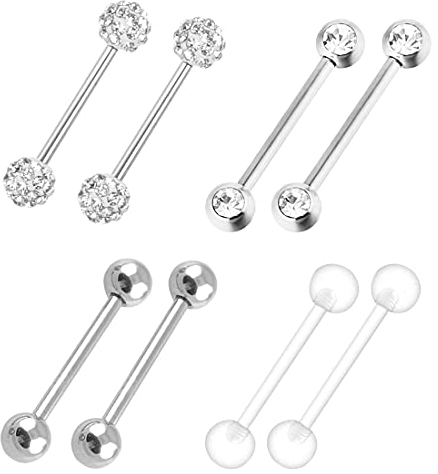 LEEQ 4 Paar Barbells Ring 316L Edelstahl Nippel Ringe Zirkonia Zunge Ringe Körper Piercing Schmuck, 14 Gauge