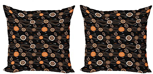 Ambesonne Aboriginal Throw Pillow Cushion Cover Pack of 2, Abstract Rounded Shapes Dotted Wavy Lines and Boomerang Motifs, Zippered Double-Side Digital Print Decor, 24, Grey Orange
