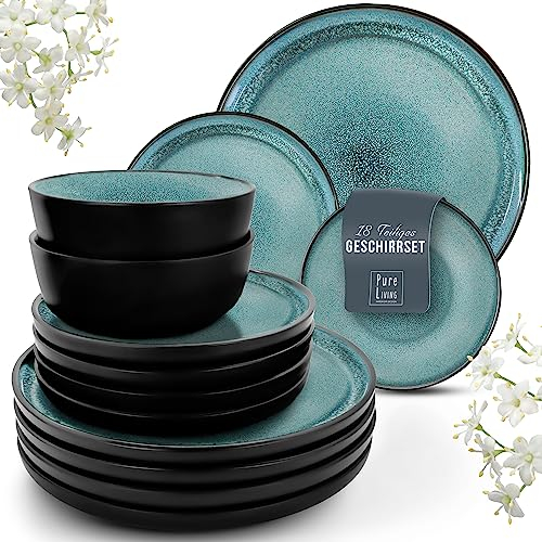 18 Piece Dinner Sets for 6 People - Beautiful Mediterranean Style Stoneware Dinner Set for 6 - Dishwasher & Microwave Safe Plates and Bowls Set for 6 - Dinnerware Sets by Pure Living in Dark Petrol