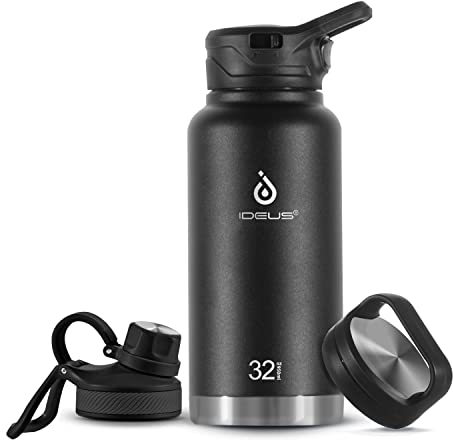 IDEUS Vacuum Insulated Water Bottle 950ml/32oz, Leak-Proof Stainless Steel Water Bottle, Double Wall Flask, Metal Sports Canteen with 2 Lids