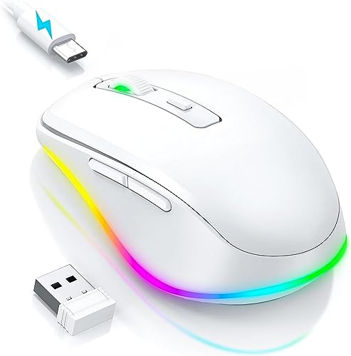 Seenda Wireless Mouse, Rechargeable Light Up LED Mouse for Laptop, 2.4G USB Silent Mice with Built in Jiggler Mover, Undetectable Simulate Mice Movement to Keep Computer Awake, white | 2.4G USB Receiver, Silent Clicks, Built-in Jiggler, Undetectable Simulate Mouse Movement to Keep Computer Awake