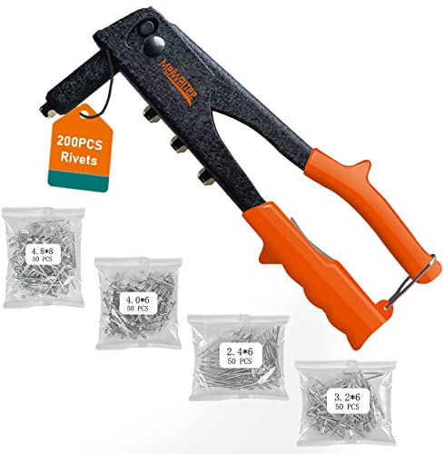 Meiwaltee Rivettatrice Manuale con 200 Pezzi Rivetti, Professionale Pistola rivettatrice robusta, 4 Misure 2,4MM-3,2 MM-4,0MM-4,8MM-Utensili per rivetti per automobili, mobili, strumenti