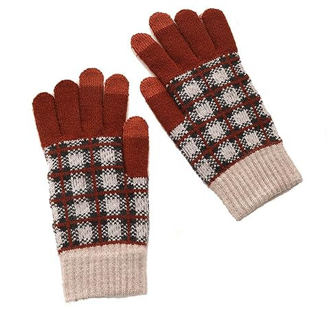 Yurosiay Damen Winterhandschuhe Touchscreen Karierte Strickhandschuhe Winter Warm Gestrickte Handschuhe Kurz Vollfinger Handschue Strick Touchscreen Handschuhe für Skifahren Radfahren Braun