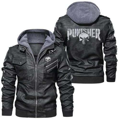 WERUN Veste en Cuir Pun.ish-ER, Veste Transition avec Amovible Capuche pour Bomber, Coupe Vent Décontractée Chaude Polyvalente avec Poches-Black||XXL