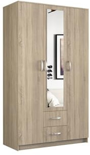 VBChome Kleiderschränk 120 x 52 x 205 cm Sonoma 4 Türen 2 Schubladen Spiegel Garderobenschrank Dielenschrank Schlafzimmerschrank Flurschrank Wohnzimmerschrank Sonoma mit Spiegel 120x52x205 cm