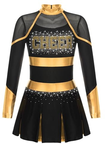 YOOJIA Mädchen Cheerleading Kostüm Langarm Tanzkleid mit Glitzer Cheer Leader Outfit Schulmädchen Kleider Sportkleid Schwarzes Gold 146-152