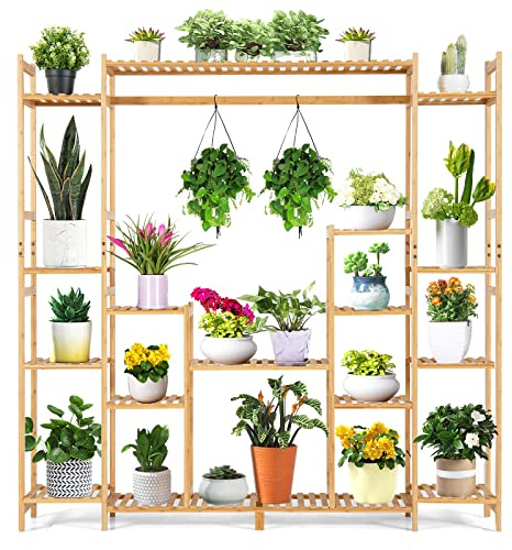 GYMAX Scaffale per Piante in Bambù a 9 Livelli, Portafiori Scala per Fiori con Ripiano Sospeso, per Interno Esterno Giardino Balcone, 167 x 30 x 166 cm