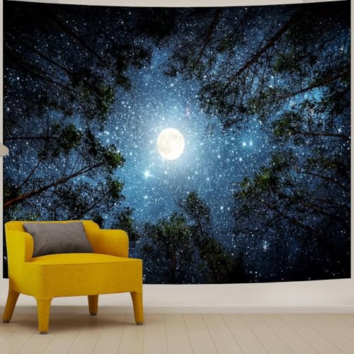 Apdidl Forest Galaxy Starry Tapestry for Bedroom Ceiling, Blue Space Night Starry Sky Moon Stars Tapestry Aesthetic, Tree Forest Milky Way Backdrop Wall Hanging for Dorm Living Room Decor (51 X 60)