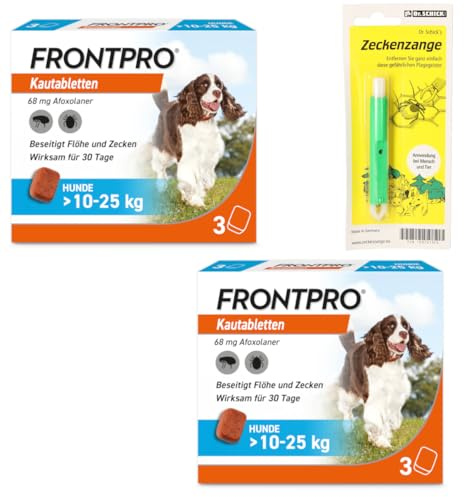 FRONTPRO Kautabletten für Hunde 10-25 kg 6-Monats-Set zum Schutz gegen Zecken und Flöhe mit Zeckenzange: Schützt bis zu 6 Monate