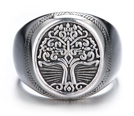 GTHIC Edelstahl Baum des Lebens Wikinger Siegelring für Männer und Frauen Silber Vintage Weltenbaum Yggdrasil Amulett Ring Rund Unisex Wikinger Schmuck US Größe 13