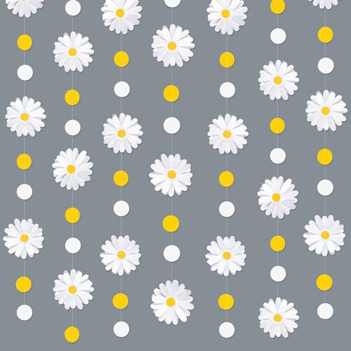 40Ft Yellow White Daisy Circle Dots Garland Party Decorations Double-Sided Daisy 3D Flower Polka Dot Streamer for Spring Summer Birthday Wedding Baby Shower Retro Groovy Boho Hippie Anniversary Decor