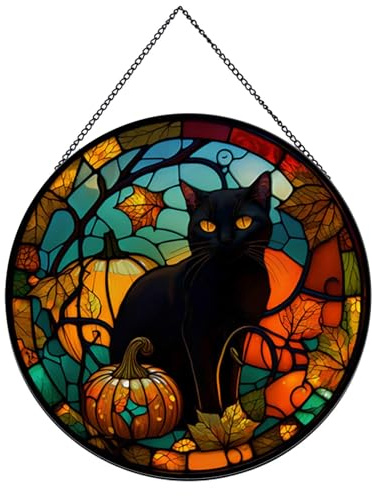 Payutou Attrape-soleil à motif de chat noir, vitrail à suspendre pour fenêtres pour les amoureux des chats, 20 cm, peint à la main, décoration de jardin, Halloween, automne, Noël pour la maison