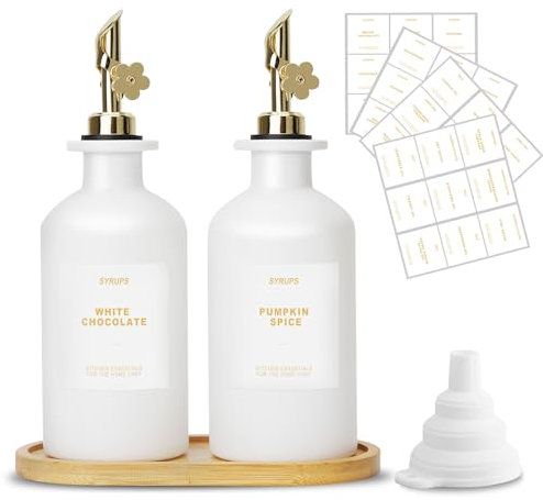 sunal Olive Oil Dispenser Bottles with Tray,Set of 2 Olive Oil Dispenser for Kitchen,350ml/11.8 oz Glass Oil and Vinegar Dispenser Set with Weighted Pourer and Waterproof Label&Silicone Funnel,White