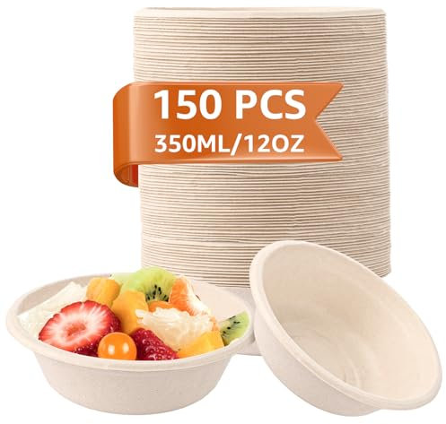 Oungy 150 Stück Suppenschalen Einweg, Pappschalen Einweg aus Zuckerrohr 350ml Suppenteller Einwege Braun Einweggeschirr Pappschüsseln Rund Einwege Suppenschalen Langlebige für Hochzeit Picknick Party