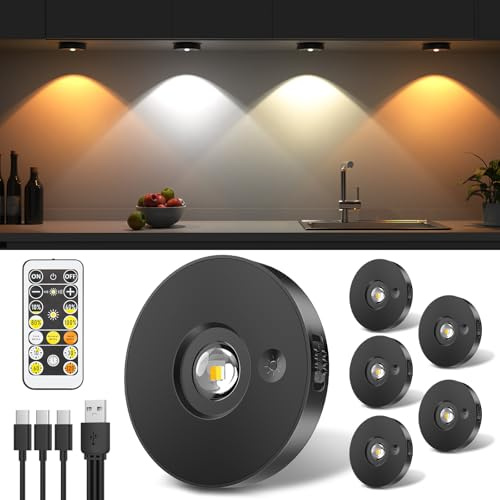 Feliigo Wiederaufladbare USB-LED-Strahler, batteriebetrieben, Unterschrankleuchte, mobile LED-Beleuchtung mit Fernbedienung, kabellose Vitrinenbeleuchtung mit Timing-Funktion (6 Stück)